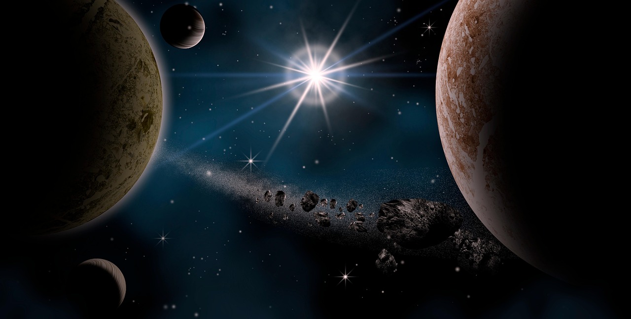 Allineamento planetario in cielo notturno, simbolo di cambiamenti cosmici e terrestri imminenti.