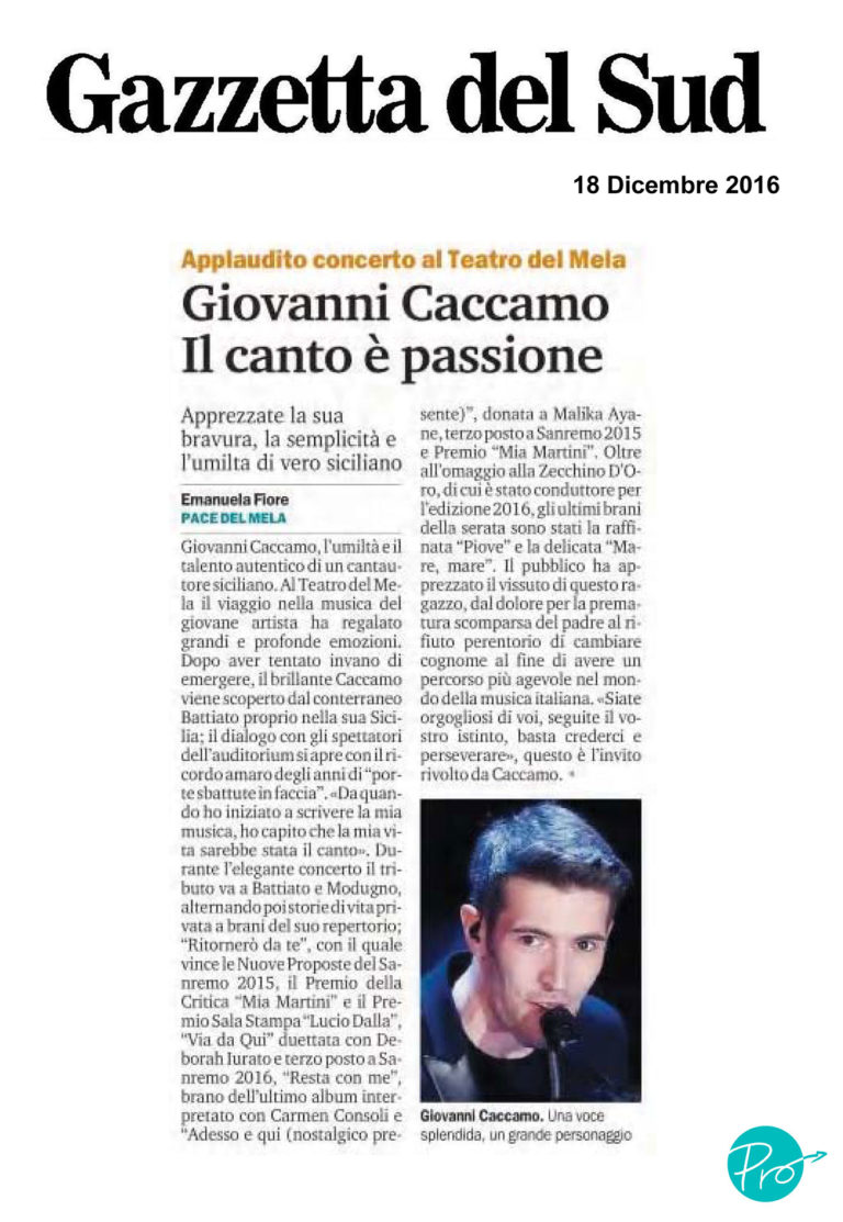 Giovanni Caccamo, il canto è passione – 18 dicembre 2016